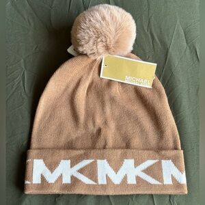 Michael Kors Camel Beanie with White MK Cuff and Faux-Fur Pom